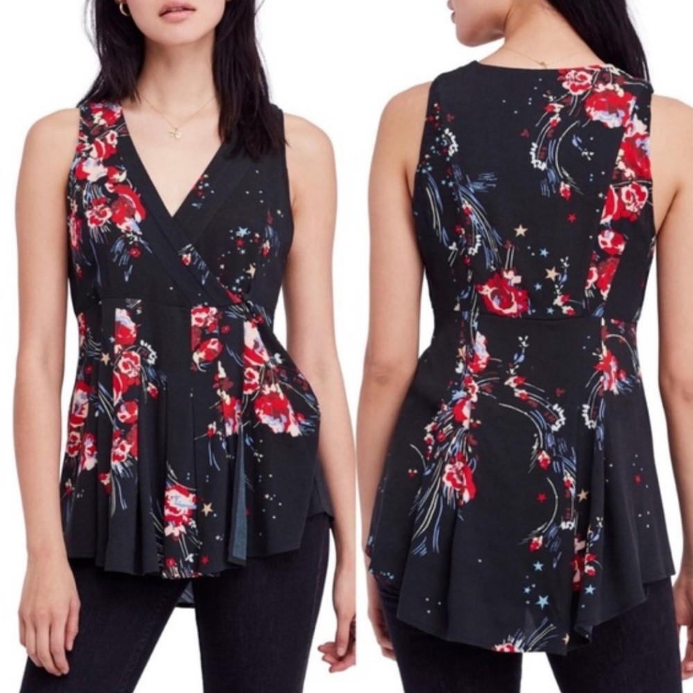 Free People Women’s Black Floral Sleeveless Tunic Shirt Size XS